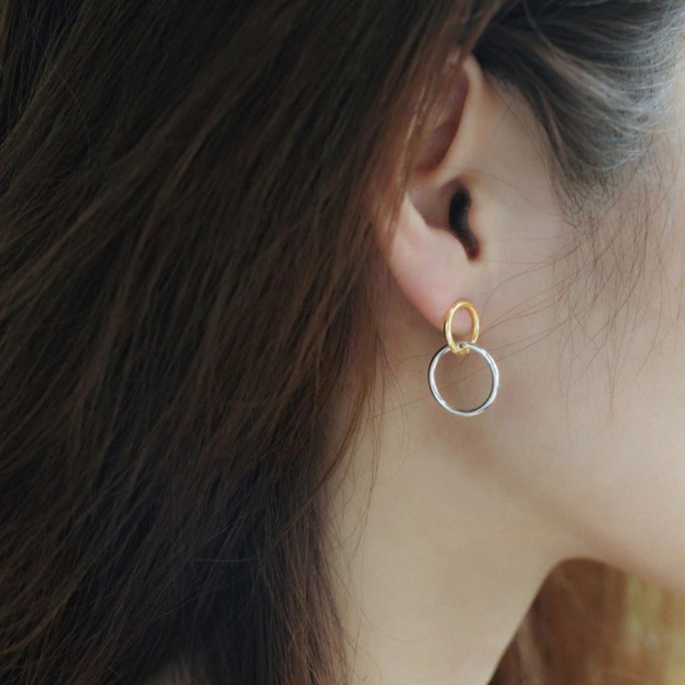 Sterling Silver Two Tone Double Circle Earrings - Picture 2 of 8